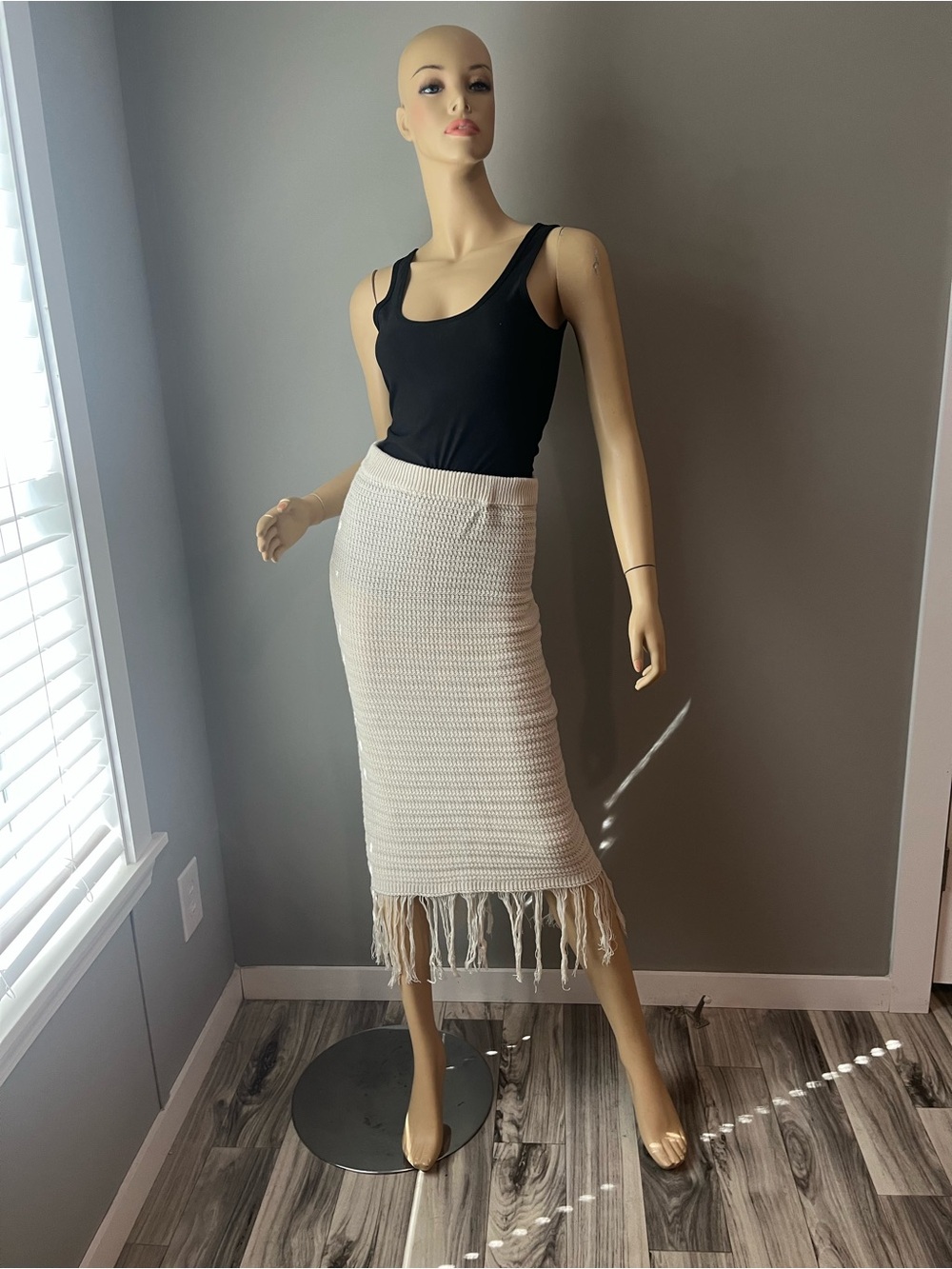 Freshman Cream Knit Midi Skirt with Fringe Hem